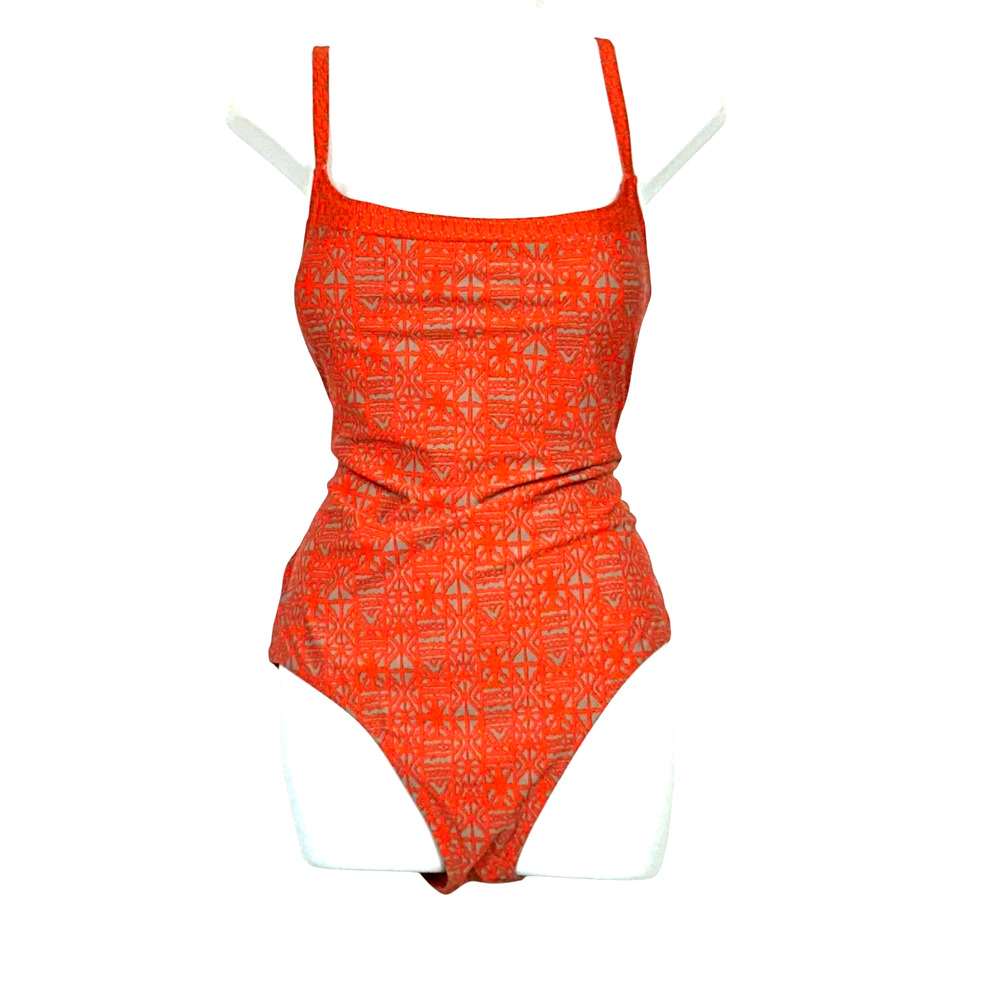 Lelani Vintage One Piece Swimsuit Womens 14 Orange Geometric Straps Tropical